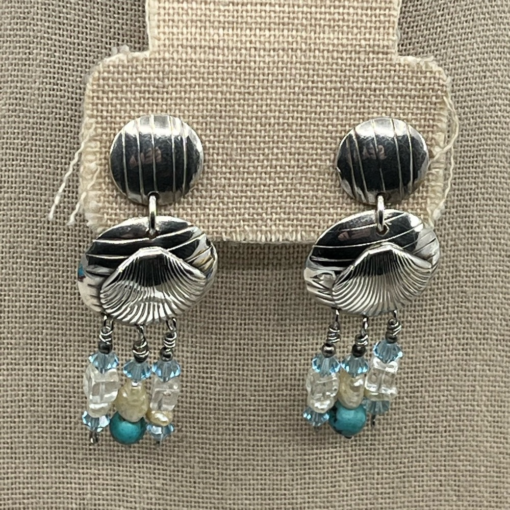 90's Handmade Sterling Silver Double Shell Earrings with Turquoise - Picture 3 of 16